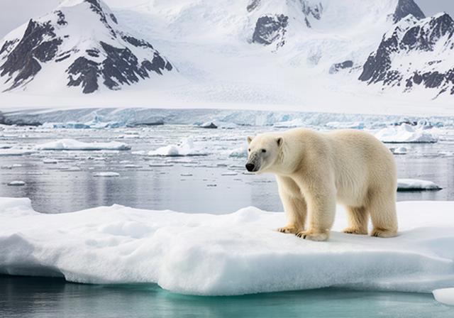 Eisbär auf einer Eisscholle vor Spitzbergen mit Bergen im Hintergrund