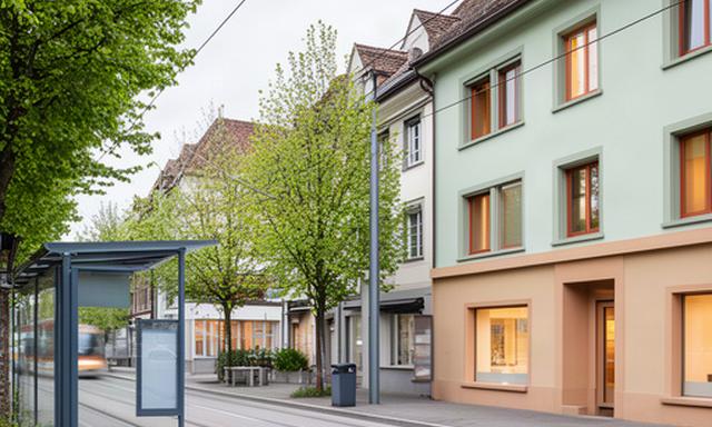 Basler Strassenszene nahe der Sandgrubenstrasse mit Tramhaltestelle und ruhigem Beratungsbüro im Quartier