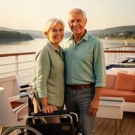 Seniorenpaar Berger auf dem Sonnendeck eines Donau-Flussschiffes mit Rollstuhlzugang