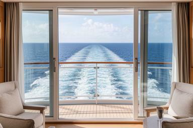 Heckkabine mit grossem Balkon und weitem Panorama über die Schiffsspur