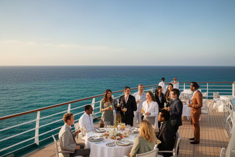 Geschäftsgruppe an Deck eines Kreuzfahrtschiffs mit Meerblick und gedecktem Tisch für ein Firmenevent