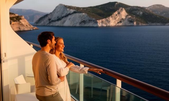 Paar auf dem Balkon einer Kreuzfahrtkabine mit Blick auf griechische Inseln