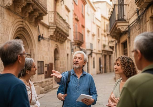 Kulturführerin erklärt einer kleinen Gruppe historische Architektur in einer UNESCO-Altstadt