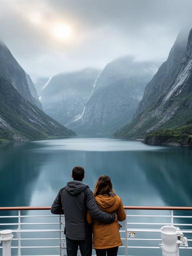Paar an Deck eines Kreuzfahrtschiffs vor einem norwegischen Fjord im weichen Morgenlicht