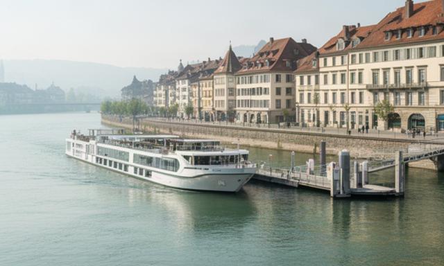 Flussschiff auf dem Rhein nahe Basel mit historischem Ufer und ruhiger Anlegestelle