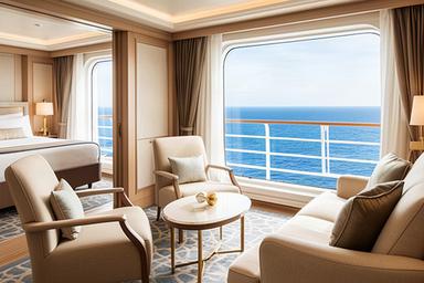 Elegante Kreuzfahrtsuite mit getrenntem Wohnbereich und grossem Fenster